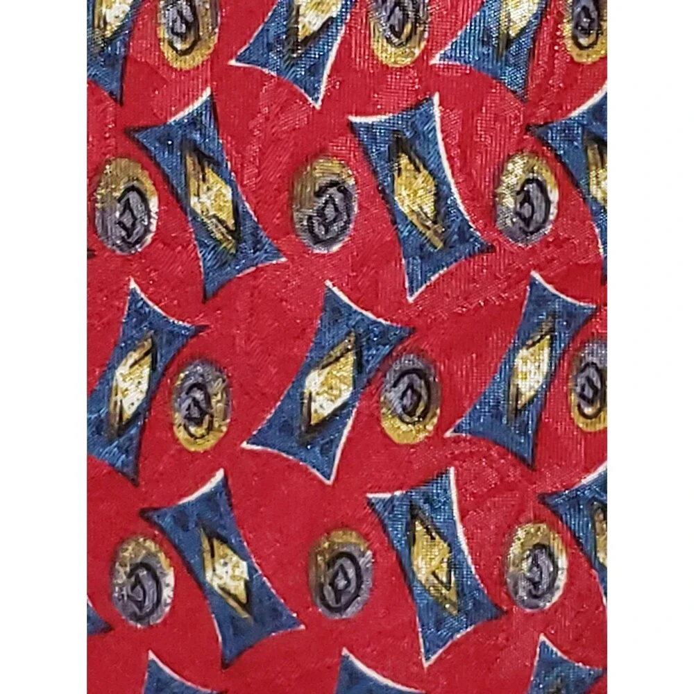 Vintage Oleg Cassini Polyester Necktie  Blue and Gold Geometric Red Fashion